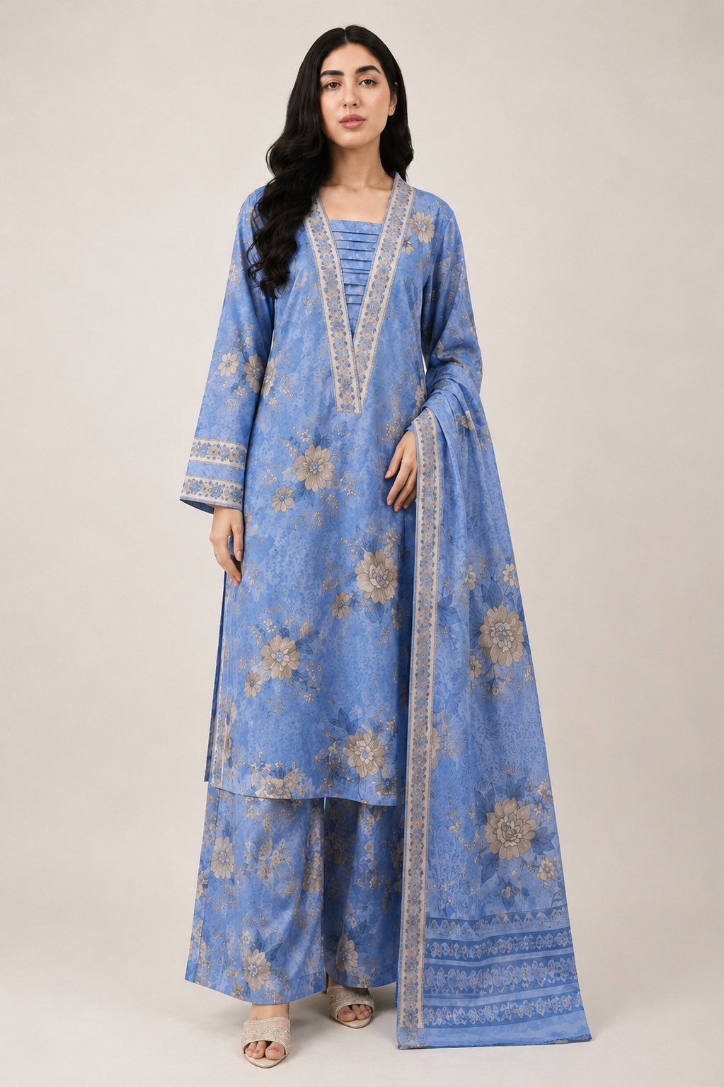 3 Piece Printed Lawn Suit for Women – Navy Blue Floral Design